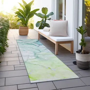 8' Runner Green Abstract Washable Non Skid Indoor Outdoor Runner Rug