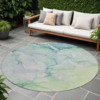 8' Round Green Round Abstract Washable Non Skid Indoor Outdoor Area Rug