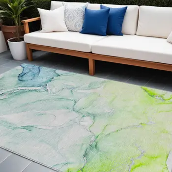 10' X 14' Green Abstract Washable Non Skid Indoor Outdoor Area Rug