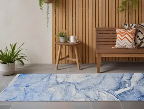 8' Runner Navy Blue Abstract Washable Non Skid Indoor Outdoor Runner Rug