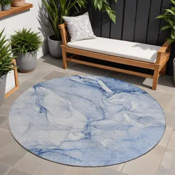 8' Round Navy Blue Round Abstract Washable Non Skid Indoor Outdoor Area Rug