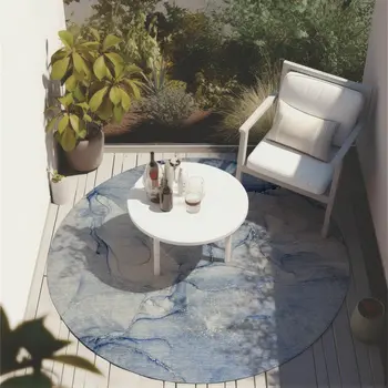 8' Round Navy Blue Round Abstract Washable Non Skid Indoor Outdoor Area Rug