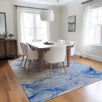10' X 14' Navy Blue Abstract Washable Non Skid Indoor Outdoor Area Rug