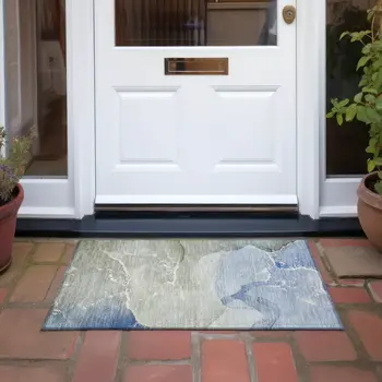 2' X 3' Blue and Green Abstract Washable Indoor Outdoor Area Rug