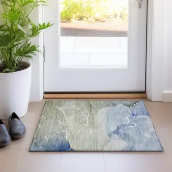 2' X 3' Blue and Green Abstract Washable Indoor Outdoor Area Rug