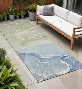 2' X 8' Blue and Green Abstract Washable Indoor Outdoor Runner Rug