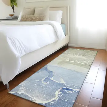 2' X 8' Blue and Green Abstract Washable Indoor Outdoor Runner Rug