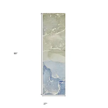 2' X 8' Blue and Green Abstract Washable Indoor Outdoor Runner Rug