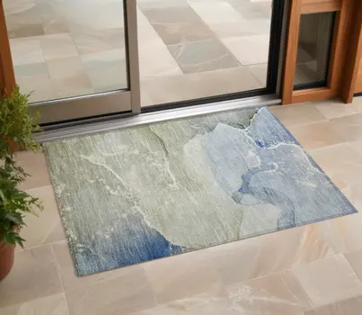 3' X 5' Blue and Green Abstract Washable Indoor Outdoor Area Rug