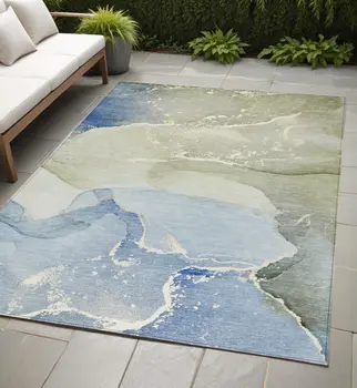 5' X 8' Blue and Green Abstract Washable Indoor Outdoor Area Rug