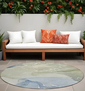 8' Round Blue and Green Abstract Washable Indoor Outdoor Area Rug