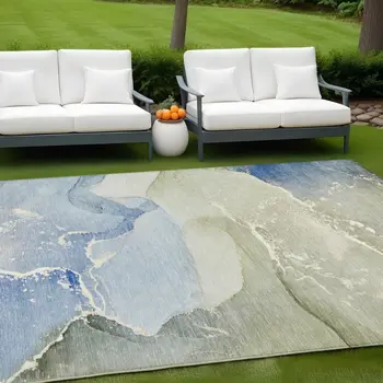 10' X 14' Blue and Green Abstract Washable Indoor Outdoor Area Rug