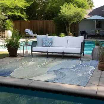 10' X 14' Blue and Green Abstract Washable Indoor Outdoor Area Rug