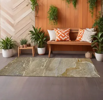 2' X 8' Brown Beige and Gold Abstract Washable Indoor Outdoor Runner Rug