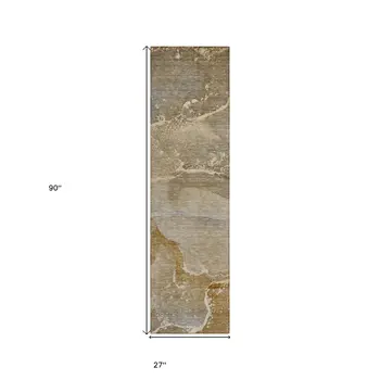 2' X 8' Brown Beige and Gold Abstract Washable Indoor Outdoor Runner Rug