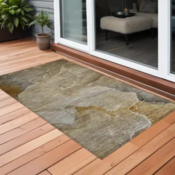 3' X 5' Brown Beige and Gold Abstract Washable Indoor Outdoor Area Rug