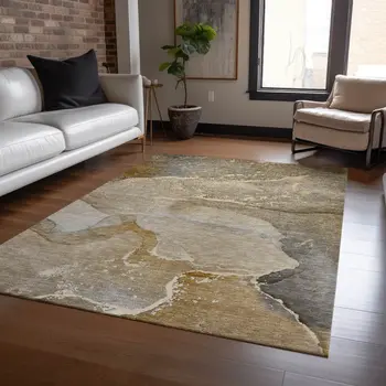 3' X 5' Brown Beige and Gold Abstract Washable Indoor Outdoor Area Rug