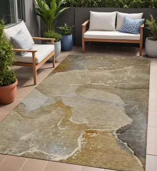 5' X 8' Brown Beige and Gold Abstract Washable Indoor Outdoor Area Rug