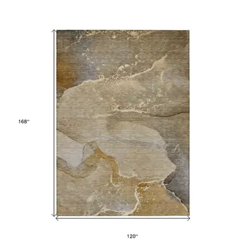 10' X 14' Brown Beige and Gold Abstract Washable Indoor Outdoor Area Rug