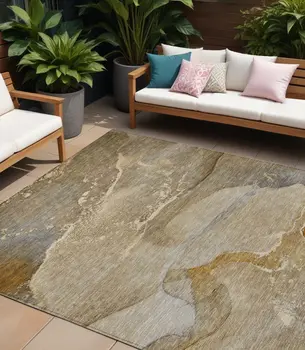 10' X 14' Brown Beige and Gold Abstract Washable Indoor Outdoor Area Rug