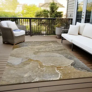10' X 14' Brown Beige and Gold Abstract Washable Indoor Outdoor Area Rug