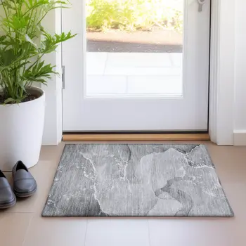 2' X 3' Gray Abstract Washable Indoor Outdoor Area Rug