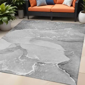 5' X 8' Gray and Ivory Abstract Washable Non Skid Indoor Outdoor Area Rug