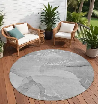 8' Round Gray and Ivory Round Abstract Washable Non Skid Indoor Outdoor Area Rug