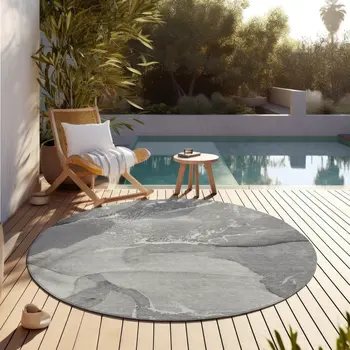 8' Round Gray and Ivory Round Abstract Washable Non Skid Indoor Outdoor Area Rug