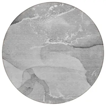 8' Round Gray and Ivory Round Abstract Washable Non Skid Indoor Outdoor Area Rug