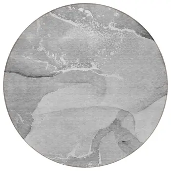 8' Round Gray and Ivory Round Abstract Washable Non Skid Indoor Outdoor Area Rug