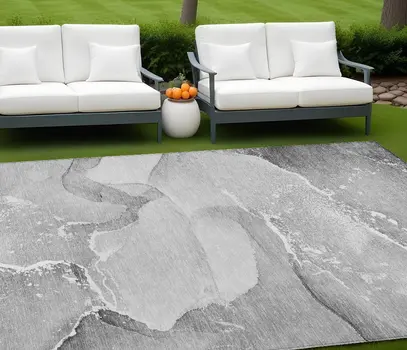 10' X 14' Gray and Ivory Abstract Washable Non Skid Indoor Outdoor Area Rug