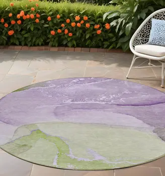 8' Round Purple Round Abstract Washable Non Skid Indoor Outdoor Area Rug
