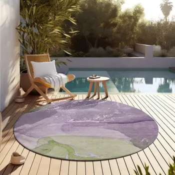 8' Round Purple Round Abstract Washable Non Skid Indoor Outdoor Area Rug