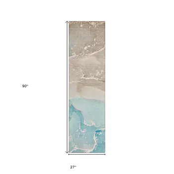 8' Runner Teal Abstract Washable Non Skid Indoor Outdoor Runner Rug
