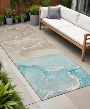 8' Runner Teal Abstract Washable Non Skid Indoor Outdoor Runner Rug