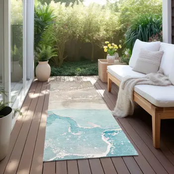 8' Runner Teal Abstract Washable Non Skid Indoor Outdoor Runner Rug