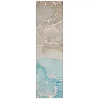 8' Runner Teal Abstract Washable Non Skid Indoor Outdoor Runner Rug