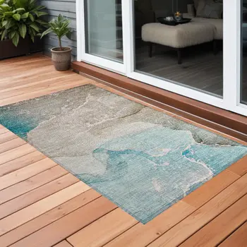 3' X 5' Teal Abstract Washable Non Skid Indoor Outdoor Area Rug