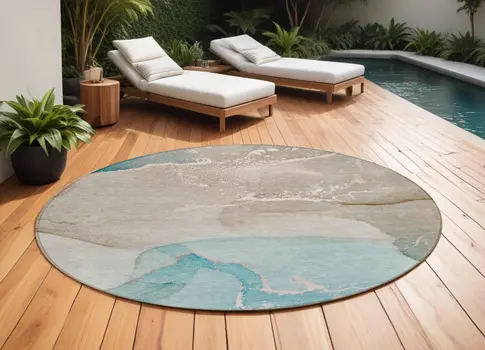 8' Round Teal Round Abstract Washable Non Skid Indoor Outdoor Area Rug