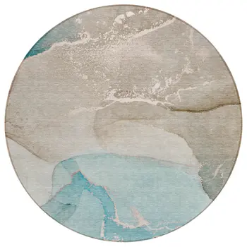 8' Round Teal Round Abstract Washable Non Skid Indoor Outdoor Area Rug