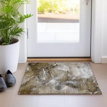 2' X 3' Brown and Gray Abstract Washable Non Skid Indoor Outdoor Area Rug