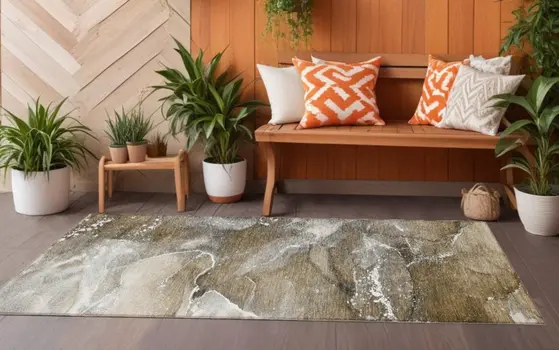 8' Runner Brown and Gray Abstract Washable Non Skid Indoor Outdoor Runner Rug