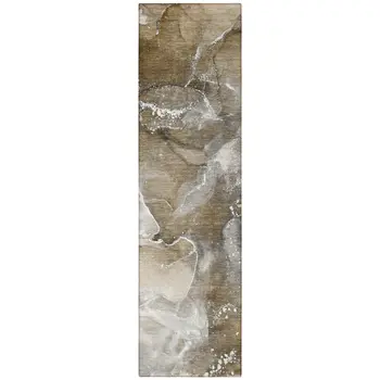 8' Runner Brown and Gray Abstract Washable Non Skid Indoor Outdoor Runner Rug