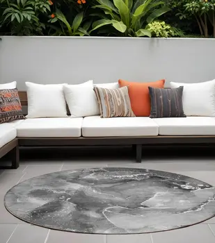 8' Round Gray Round Abstract Washable Non Skid Indoor Outdoor Area Rug