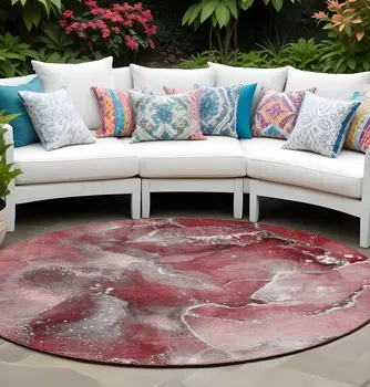8' Round Merlot Round Abstract Washable Non Skid Indoor Outdoor Area Rug