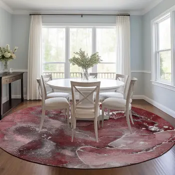 8' Round Merlot Round Abstract Washable Non Skid Indoor Outdoor Area Rug
