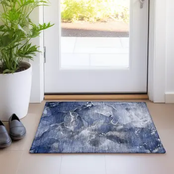 2' X 3' Blue and Gray Abstract Washable Non Skid Indoor Outdoor Area Rug