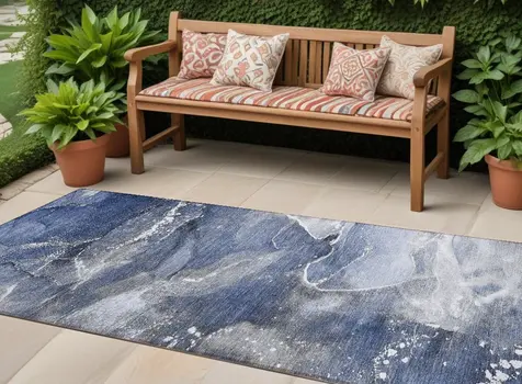 8' Runner Blue and Gray Abstract Washable Non Skid Indoor Outdoor Runner Rug