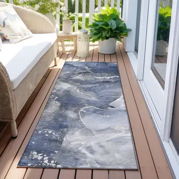 8' Runner Blue and Gray Abstract Washable Non Skid Indoor Outdoor Runner Rug